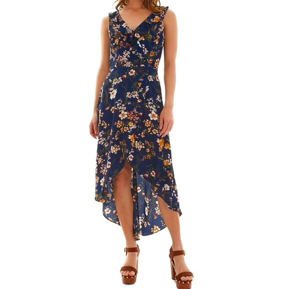 Bcx Floral Ruffled Neck High Low Dress Navy - Picture 1 of 7